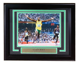 A framed 8x10 photo from Sports Integrity shows Usain Bolt, in yellow and green, crossing the finish line ahead of other runners. The plaque reads “Usain Bolt Signed Framed Olympic Track Legend Photo BAS BD41353.”.