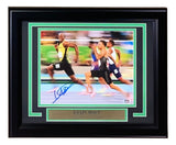 Sports Integrity Usain Bolt Signed Framed 8x10 Olympic Track Legend Photo features a PSA Hologram (AO93067), showcasing Bolt winning a sprint race, smiling as he leads, with an engraved name plaque below.