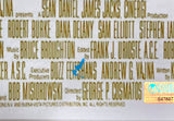 A close-up of a Val Kilmer Signed Framed 11x17 Tombstone Poster Photo 2 by Sports Integrity shows Buzz Feitshans’ name in gold, highlighted by a blue arrow. A yellow Authentic sticker with number S47897 appears in the lower right.