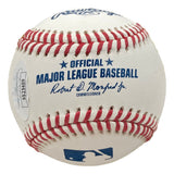 A Vladimir Guerrero Jr Blue Jays Signed Official MLB Baseball by Sports Integrity is shown close-up with red stitching, the MLB logo, commissioner's signature, and serial-numbered sticker. Includes JSA authentication and photo case.