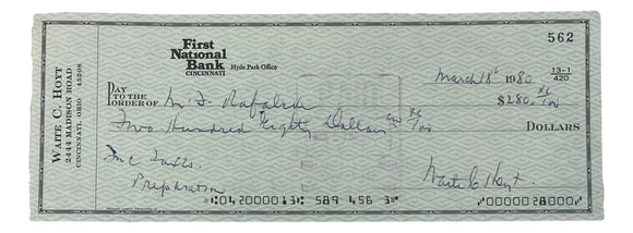 Waite Hoyt New York Yankees Signed Personal Bank Check #562 BAS Sports Integrity