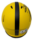 The Hines Ward Signed Pittsburgh Steelers Rave Mini Speed Replica Helmet by Sports Integrity features black stripes, visible vents, a QR code sticker with the number 8, and a large side autograph.