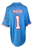 The Sports Integrity Warren Moon Signed Houston Oilers Nike Game Replica Jersey features "MOON" above the number 1, red and white details, and a signature with HOF 06 inscription on the back. BAS authenticated.