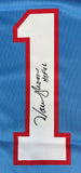 The Sports Integrity Warren Moon Signed Houston Oilers Nike Game Replica Jersey features a large number 1, black autograph, and "HOF 06" inscription on blue fabric.