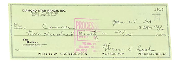 Warren Spahn Milwaukee Braves Signed Personal Bank Check #1913 BAS