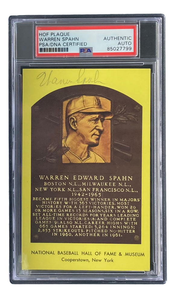 Warren Spahn Signed 4x6 Milwaukee Braves Hall Of Fame Plaque Card PSA/DNA 85027799