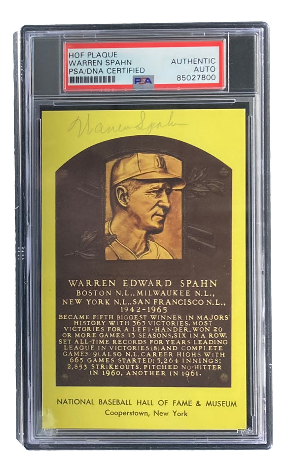 Warren Spahn Signed 4x6 Milwaukee Braves Hall Of Fame Plaque Card PSA/DNA 85027800