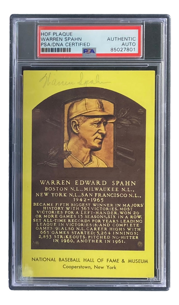 Warren Spahn Signed 4x6 Milwaukee Braves Hall Of Fame Plaque Card PSA/DNA 85027801 Sports Integrity