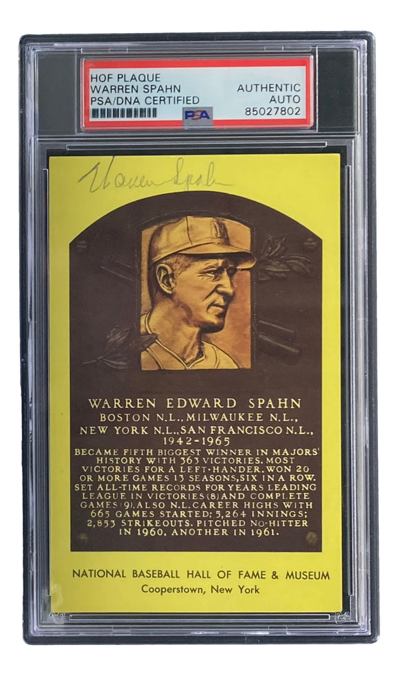 Warren Spahn Signed 4x6 Milwaukee Braves Hall Of Fame Plaque Card PSA/DNA 85027802 Sports Integrity