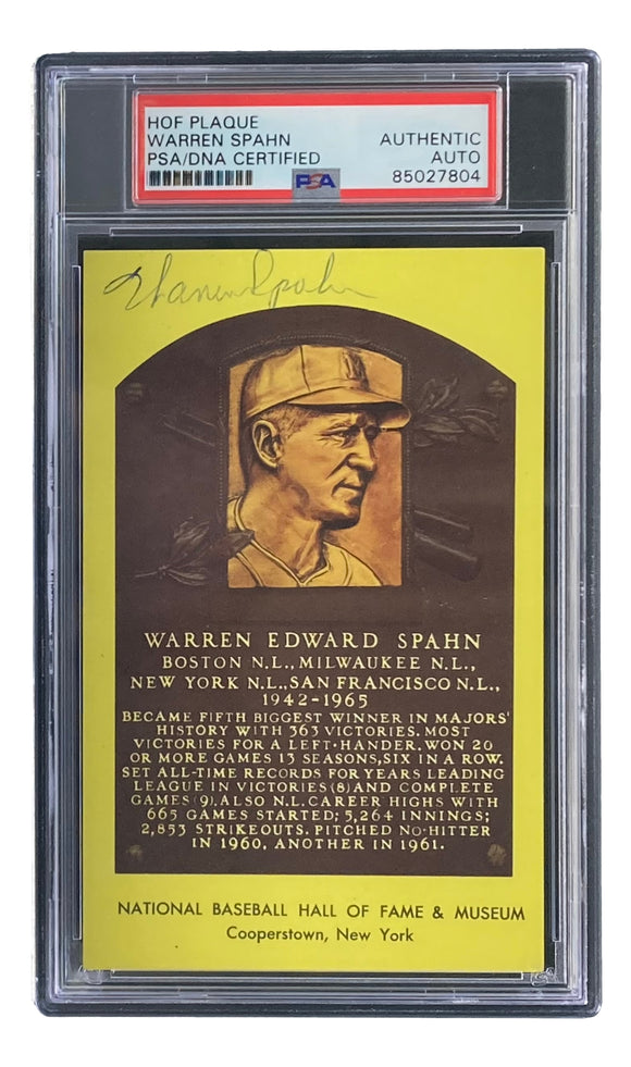 Warren Spahn Signed 4x6 Milwaukee Braves Hall Of Fame Plaque Card PSA/DNA 85027804