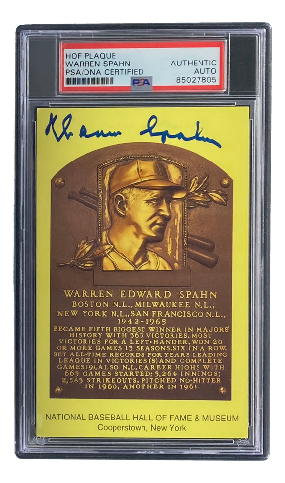 Warren Spahn Signed 4x6 Milwaukee Braves Hall Of Fame Plaque Card PSA/DNA 85027805 Sports Integrity