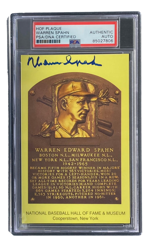 Warren Spahn Signed 4x6 Milwaukee Braves Hall Of Fame Plaque Card PSA/DNA 85027806 Sports Integrity