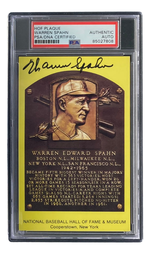 Warren Spahn Signed 4x6 Milwaukee Braves Hall Of Fame Plaque Card PSA/DNA 85027808
