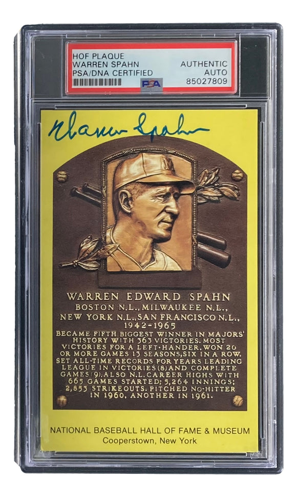 Warren Spahn Signed 4x6 Milwaukee Braves Hall Of Fame Plaque Card PSA/DNA 85027809