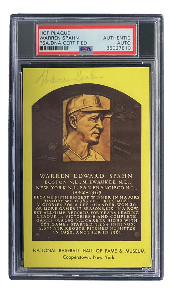 Warren Spahn Signed 4x6 Milwaukee Braves Hall Of Fame Plaque Card PSA/DNA 85027810