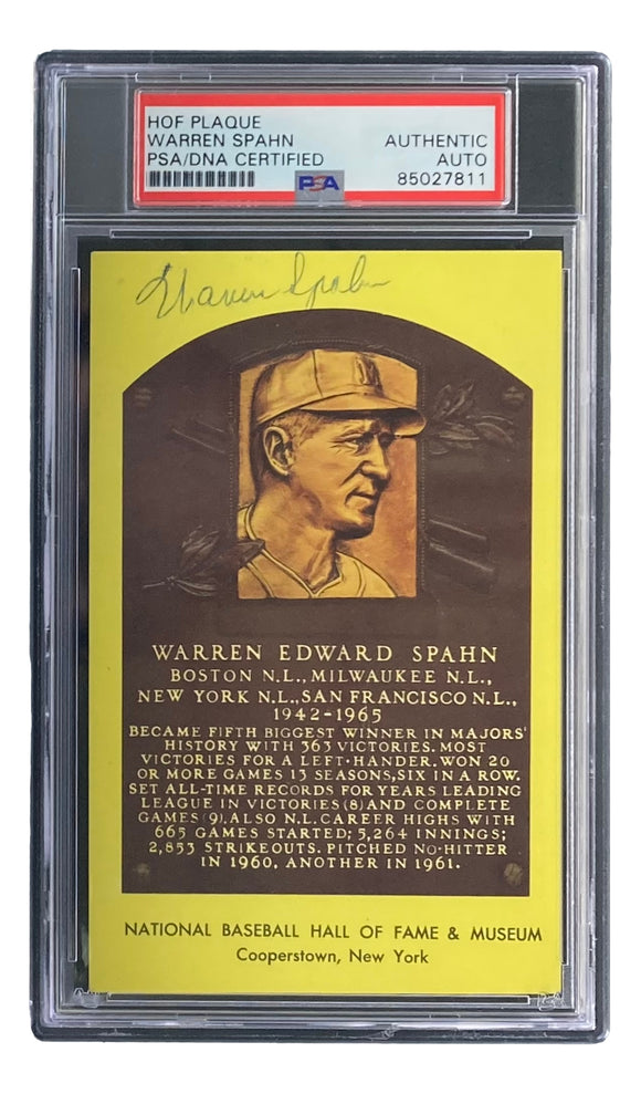 Warren Spahn Signed 4x6 Milwaukee Braves Hall Of Fame Plaque Card PSA/DNA 85027811 Sports Integrity