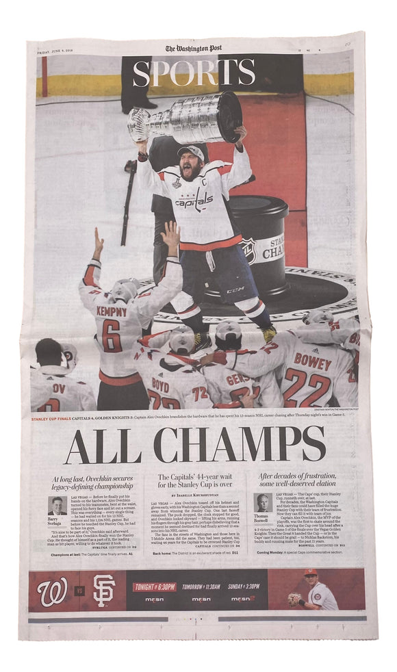 Washington Capitals Stanley Cup The Washington Post Junes 8, 2018 Newspaper
