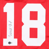 Will Howard Ohio State Signed Red Football Jersey by Sports Integrity features a large white number 18, with Will Howard's signature in black ink on the "1" and a small rectangular QR code tag below the number.