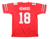 The Sports Integrity Will Howard Ohio State Signed Red Football Jersey (BAS) features "HOWARD" and the number 18 in white on the back, with black and white sleeve stripes and a visible signature on the number 1.