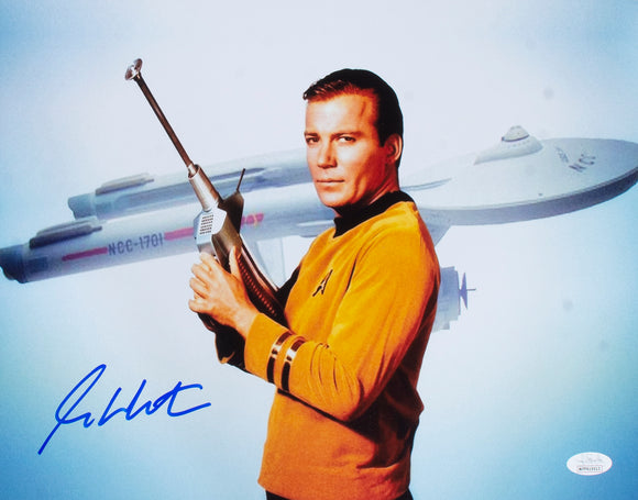 William Shatner Signed 11x14 Horizontal Star Trek Photo w/ Gun JSA ITP