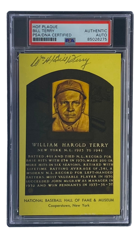 Bill Terry Signed 4x6 New York Giants Hall Of Fame Plaque Card PSA/DNA 85026275 Sports Integrity