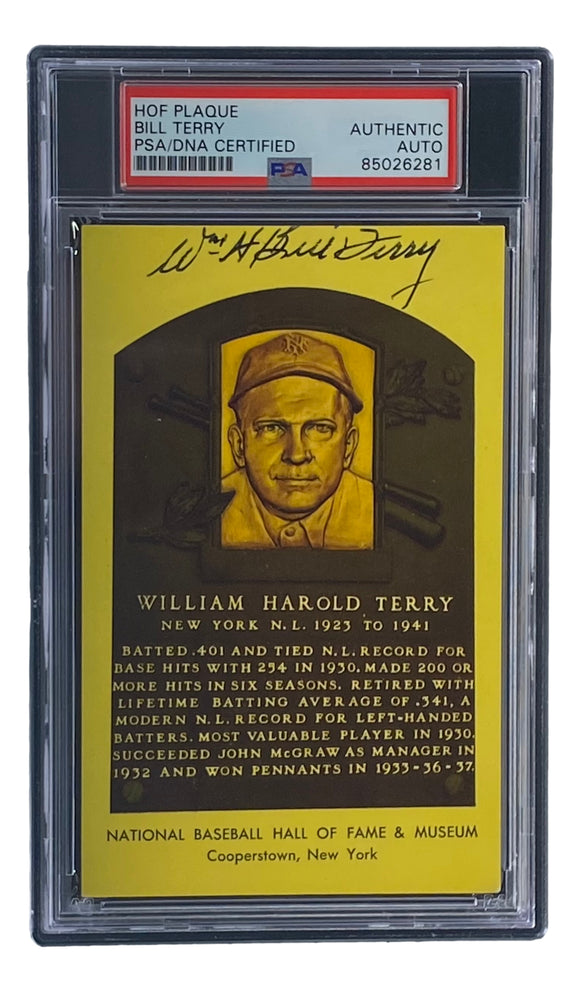 Bill Terry Signed 4x6 New York Giants Hall Of Fame Plaque Card PSA/DNA 85026281 Sports Integrity