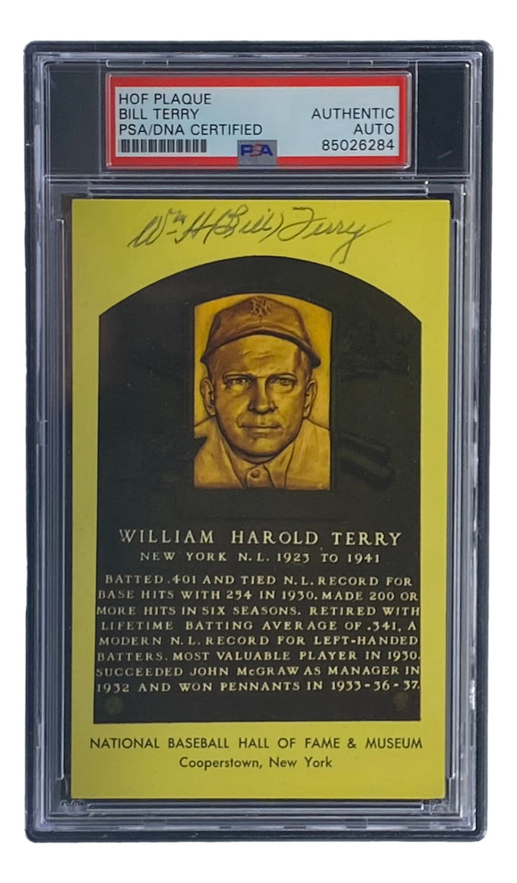 Bill Terry Signed 4x6 New York Giants Hall Of Fame Plaque Card PSA/DNA 85026284 Sports Integrity