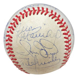 A close-up of a 1968 San Francisco Giants team-signed NL baseball by Sports Integrity shows overlapping blue ink autographs, including Willie Mays, covering much of the white surface with red stitching. PSA/DNA LOA included.