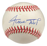 The Sports Integrity Willie Mays San Francisco Giants Signed National League Baseball PSA J61984 features Willie Mays's blue ink autograph on a classic white baseball with red stitching.