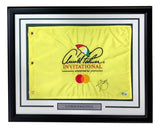 The Sports Integrity Xander Schauffele Signed Framed Arnold Palmer Invitational Golf Flag (BAS) features a yellow flag with colorful logo, Mastercard branding, signature, and a plaque displaying Xander Schauffele’s name.