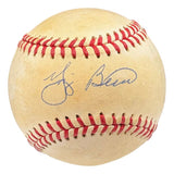 This Sports Integrity Yogi Berra New York Yankees Signed American League Baseball features a blue ink signature on the surface and red stitching, authenticated by PSA/DNA.