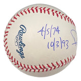 A Sports Integrity Robin Yount Brewers Signed Official MLB Baseball features blue inscriptions—4/5/74, 10/3/93—and a partial signature, authenticated by JSA.